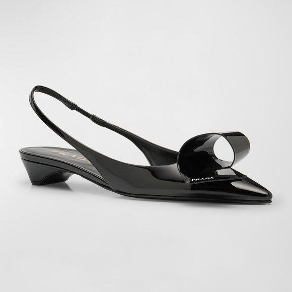 PRADA Ribbon Logo Half Bow Slingback Ballerina Pumps Sandals Kitten Heels - Picture 1 of 16